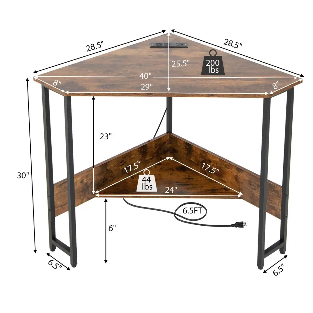 Triangle Computer Corner Desk with Charging Station-Rustic Brown - Rustic Brown - Corner Desks