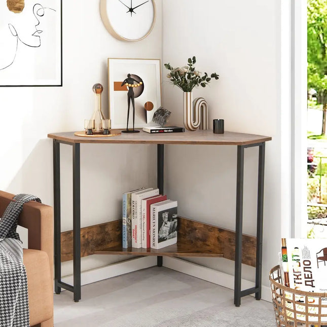 Triangle Computer Corner Desk with Charging Station-Rustic Brown - Rustic Brown - Corner Desks