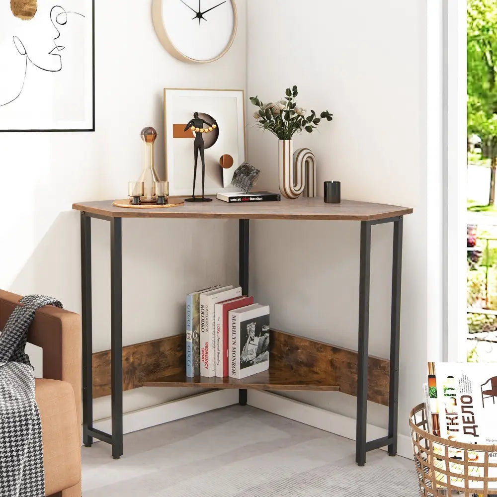 Triangle Computer Corner Desk with Charging Station-Rustic Brown - Rustic Brown - Corner Desks