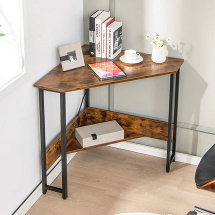 Triangle Computer Corner Desk with Charging Station-Rustic Brown - Rustic Brown - Corner Desks