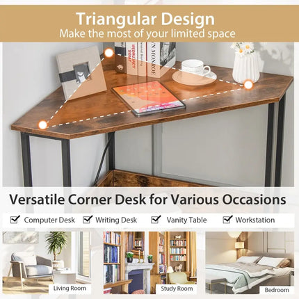 Triangle Computer Corner Desk with Charging Station-Rustic Brown - Rustic Brown - Corner Desks