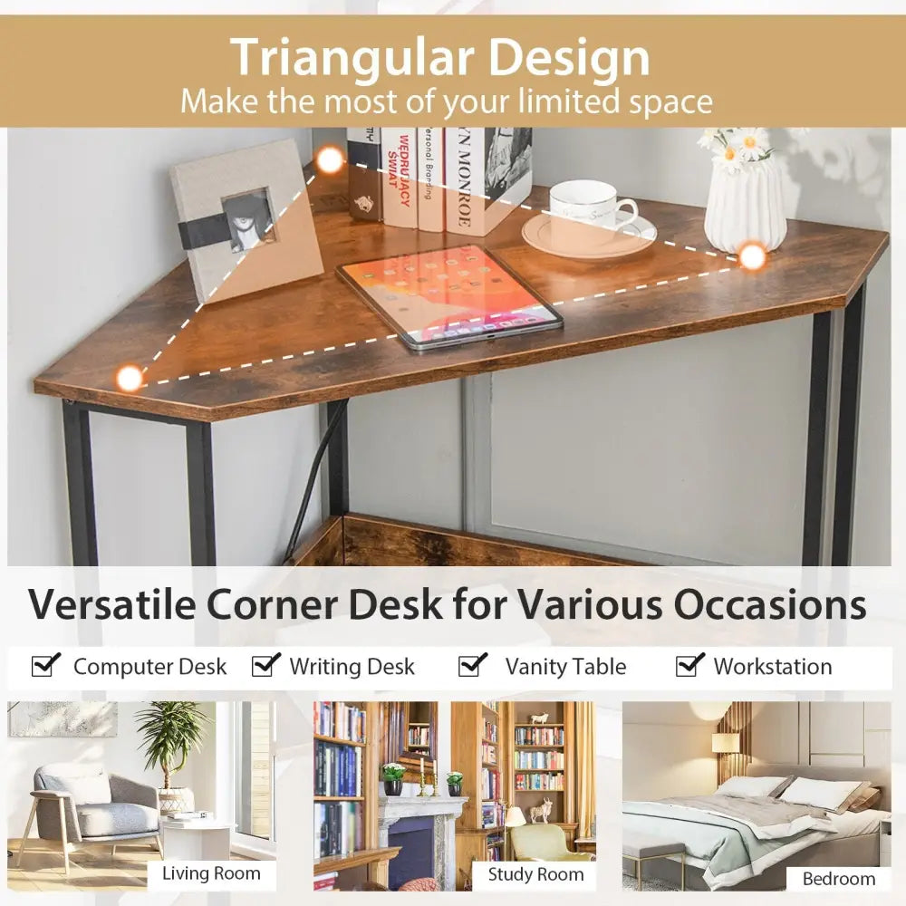 Triangle Computer Corner Desk with Charging Station-Rustic Brown - Rustic Brown - Corner Desks