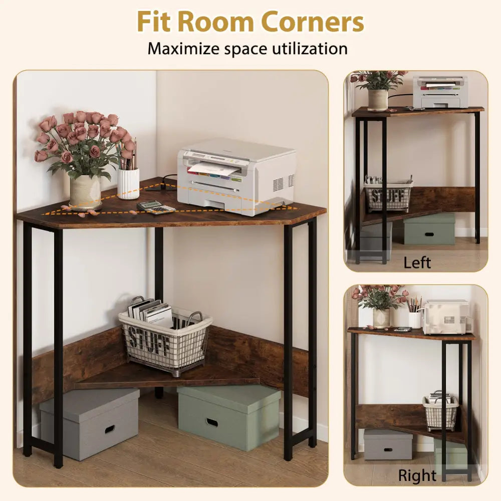 Triangle Computer Corner Desk with Charging Station-Rustic Brown - Rustic Brown - Corner Desks