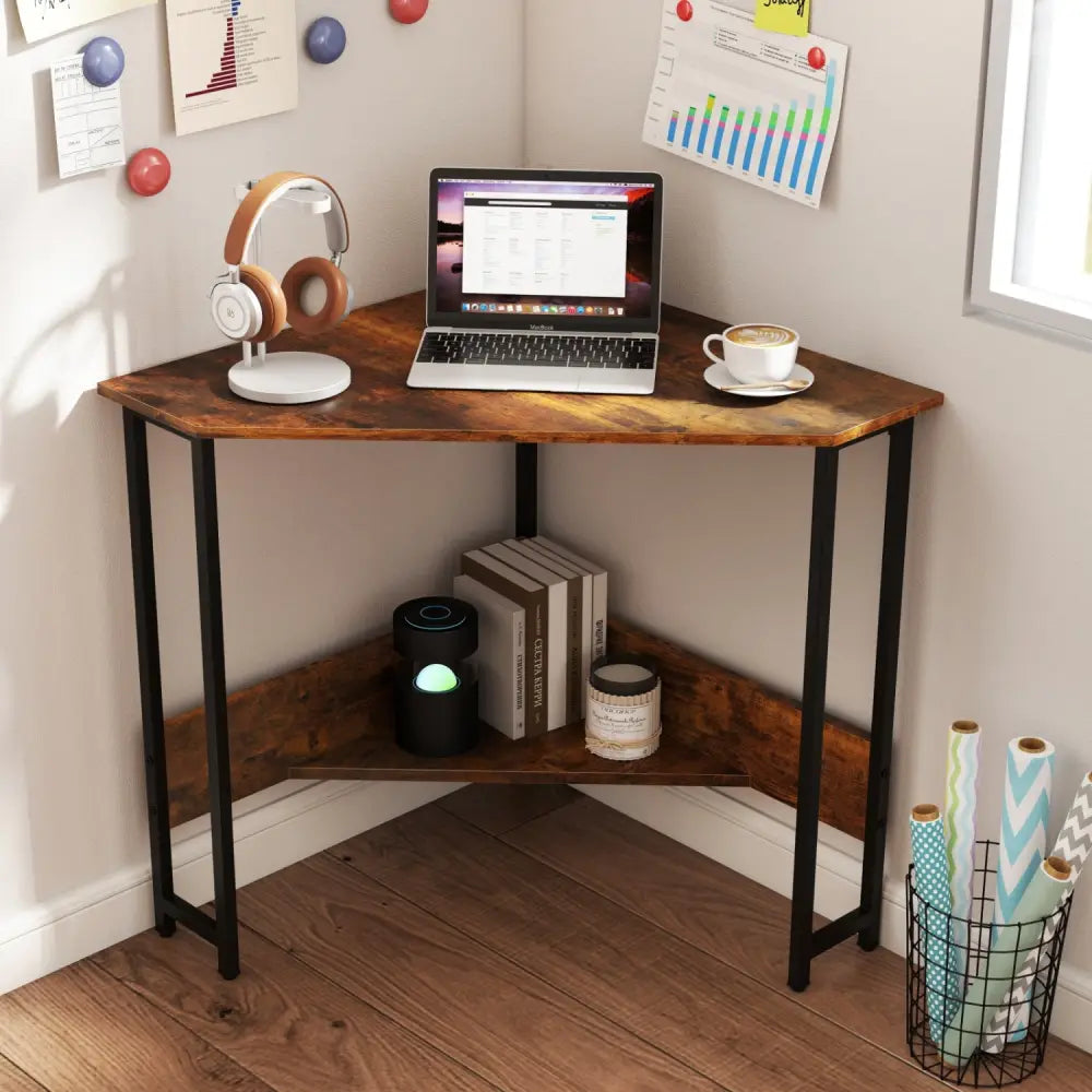 Triangle Computer Corner Desk with Charging Station-Rustic Brown - Rustic Brown - Corner Desks