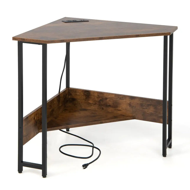 Triangle Computer Corner Desk with Charging Station-Rustic Brown - Rustic Brown - Corner Desks