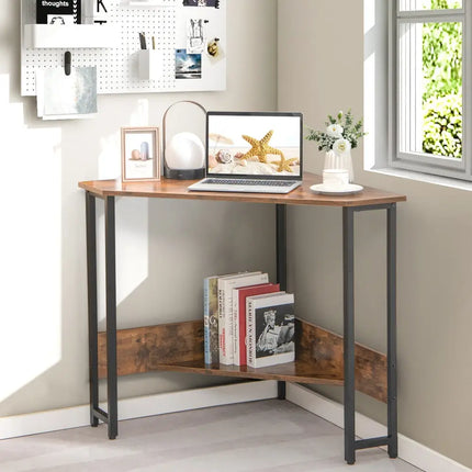 Triangle Computer Corner Desk with Charging Station-Rustic Brown - Rustic Brown - Corner Desks