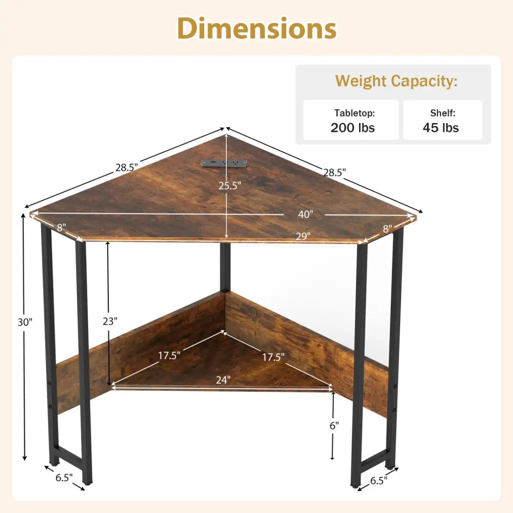 Triangle Computer Corner Desk with Charging Station-Rustic Brown - Rustic Brown - Corner Desks