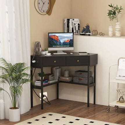 Triangle Corner Desk with Charging Station with 2 Drawers and Storage Shelf-Black - Black - Corner Desks