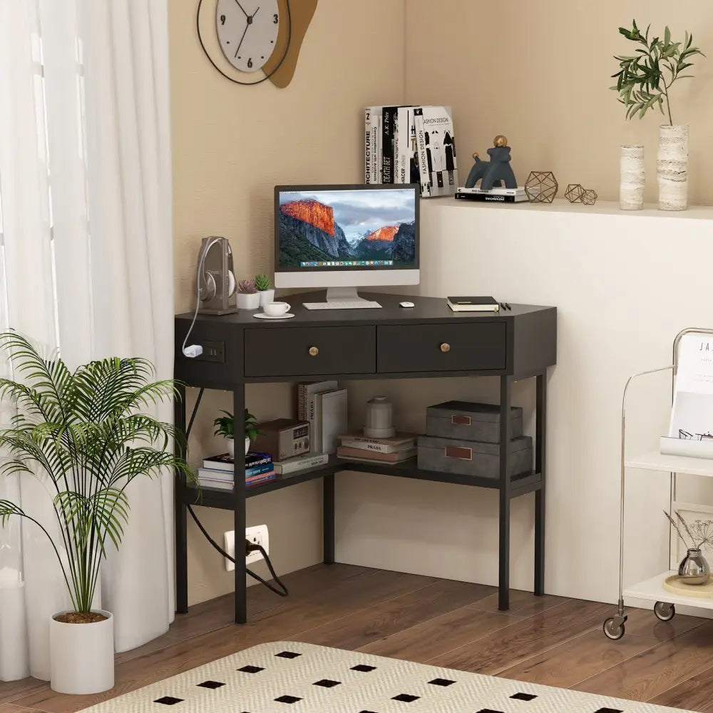 Triangle Corner Desk with Charging Station with 2 Drawers and Storage Shelf-Black - Black - Corner Desks
