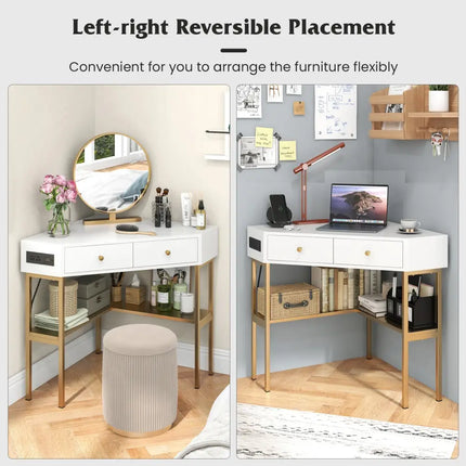 Triangle Corner Desk with Charging Station with 2 Drawers and Storage Shelf-Golden - Golden - Corner Desks
