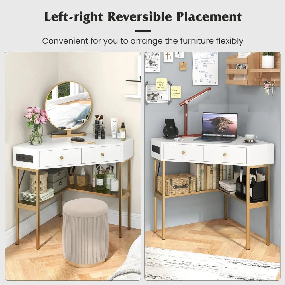 Triangle Corner Desk with Charging Station with 2 Drawers and Storage Shelf-Golden - Golden - Corner Desks