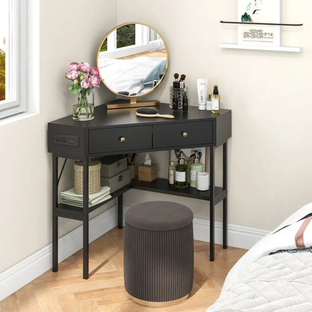 Triangle Corner Desk with Charging Station with 2 Drawers and Storage Shelf-Black - Black - Corner Desks