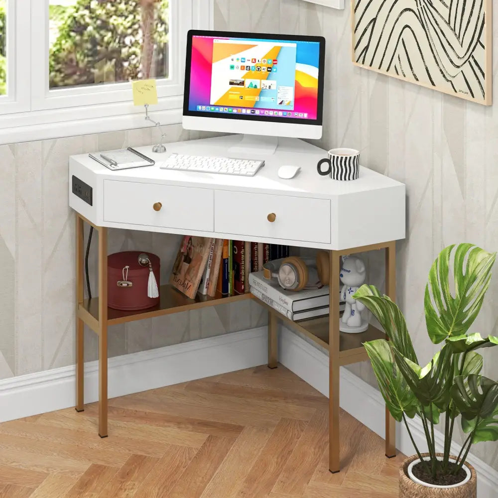 Triangle Corner Desk with Charging Station with 2 Drawers and Storage Shelf-Golden - Golden - Corner Desks