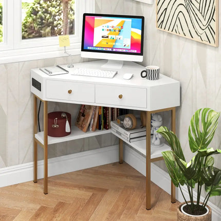 Triangle Corner Desk with Charging Station with 2 Drawers and Storage Shelf-White - White - Corner Desks