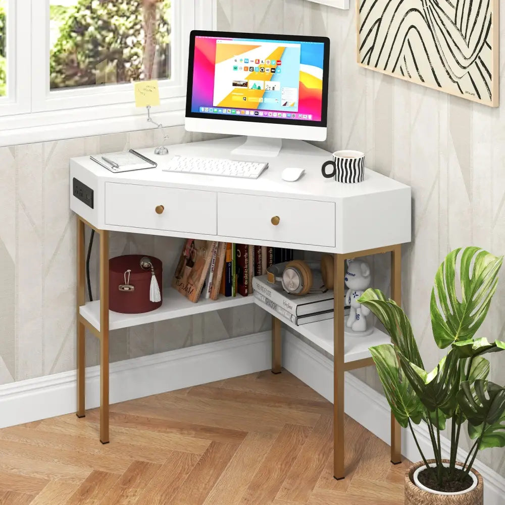 Triangle Corner Desk with Charging Station with 2 Drawers and Storage Shelf-White - White - Corner Desks