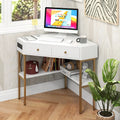 Triangle Corner Desk with Charging Station with 2 Drawers and Storage Shelf-White - White - Corner Desks