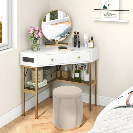 Triangle Corner Desk with Charging Station with 2 Drawers and Storage Shelf-Golden - Golden - Corner Desks