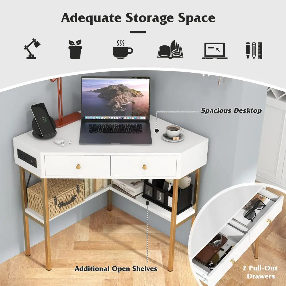 Triangle Corner Desk with Charging Station with 2 Drawers and Storage Shelf-White - White - Corner Desks