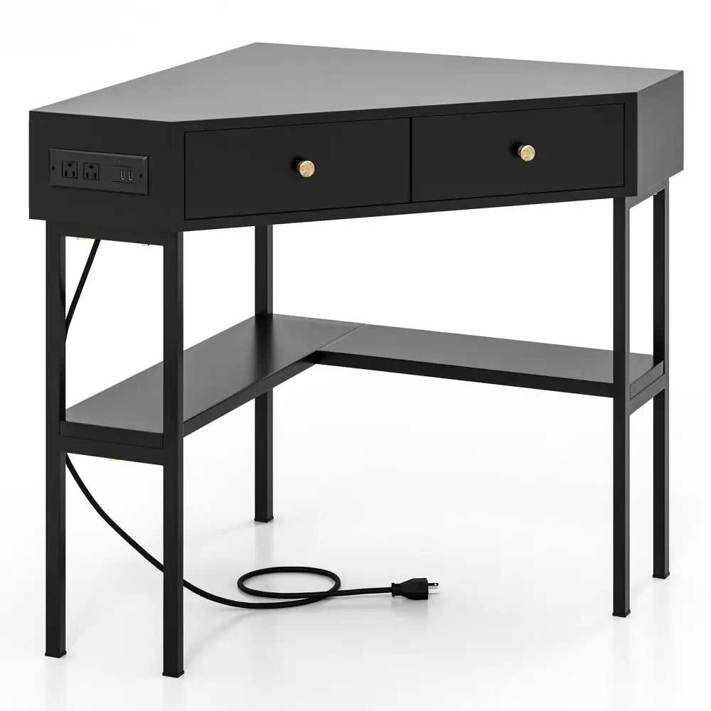 Triangle Corner Desk with Charging Station with 2 Drawers and Storage Shelf-Black - Black - Corner Desks