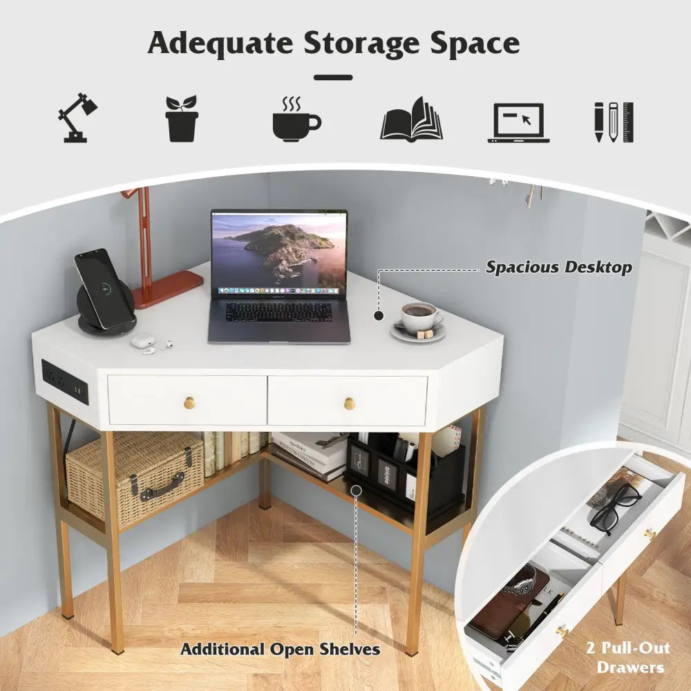 Triangle Corner Desk with Charging Station with 2 Drawers and Storage Shelf-Golden - Golden - Corner Desks