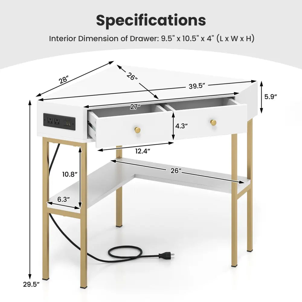 Triangle Corner Desk with Charging Station with 2 Drawers and Storage Shelf-White - White - Corner Desks