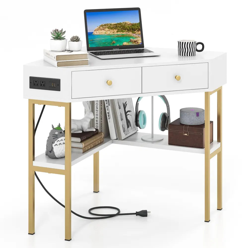 Triangle Corner Desk with Charging Station with 2 Drawers and Storage Shelf-White - White - Corner Desks
