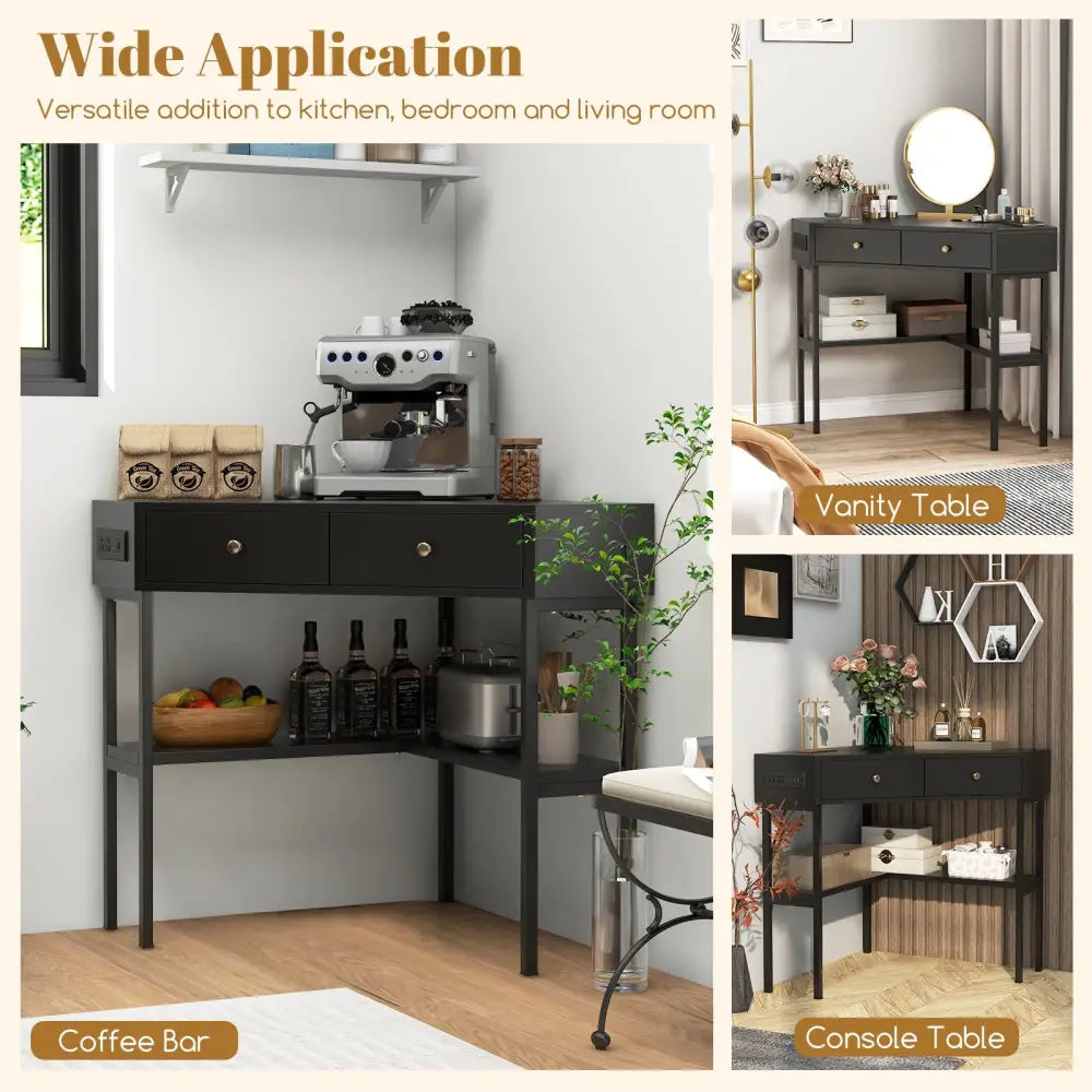 Triangle Corner Desk with Charging Station with 2 Drawers and Storage Shelf-Black - Black - Corner Desks