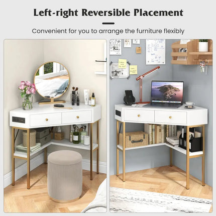 Triangle Corner Desk with Charging Station with 2 Drawers and Storage Shelf-White - White - Corner Desks