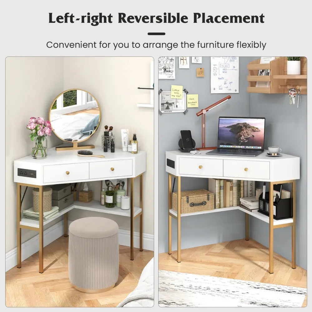 Triangle Corner Desk with Charging Station with 2 Drawers and Storage Shelf-White - White - Corner Desks