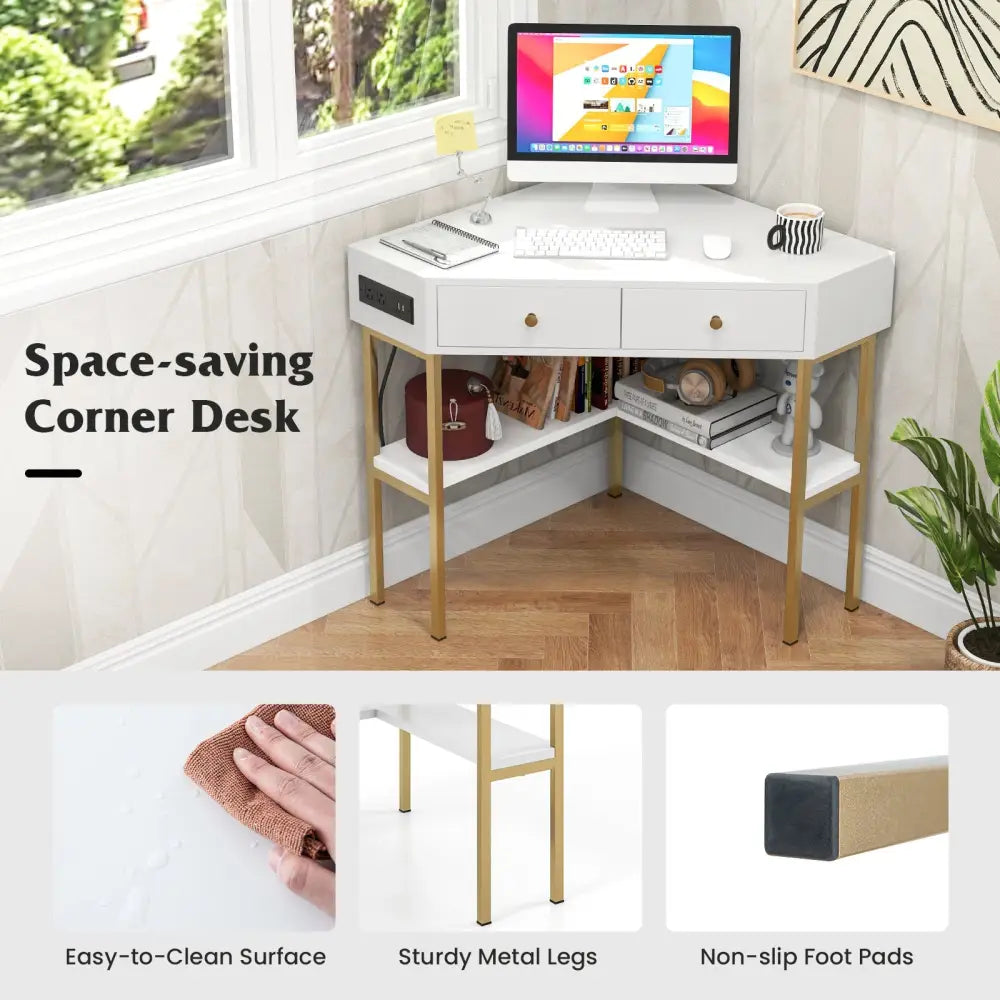 Triangle Corner Desk with Charging Station with 2 Drawers and Storage Shelf-White - White - Corner Desks
