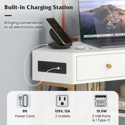 Triangle Corner Desk with Charging Station with 2 Drawers and Storage Shelf-White - White - Corner Desks