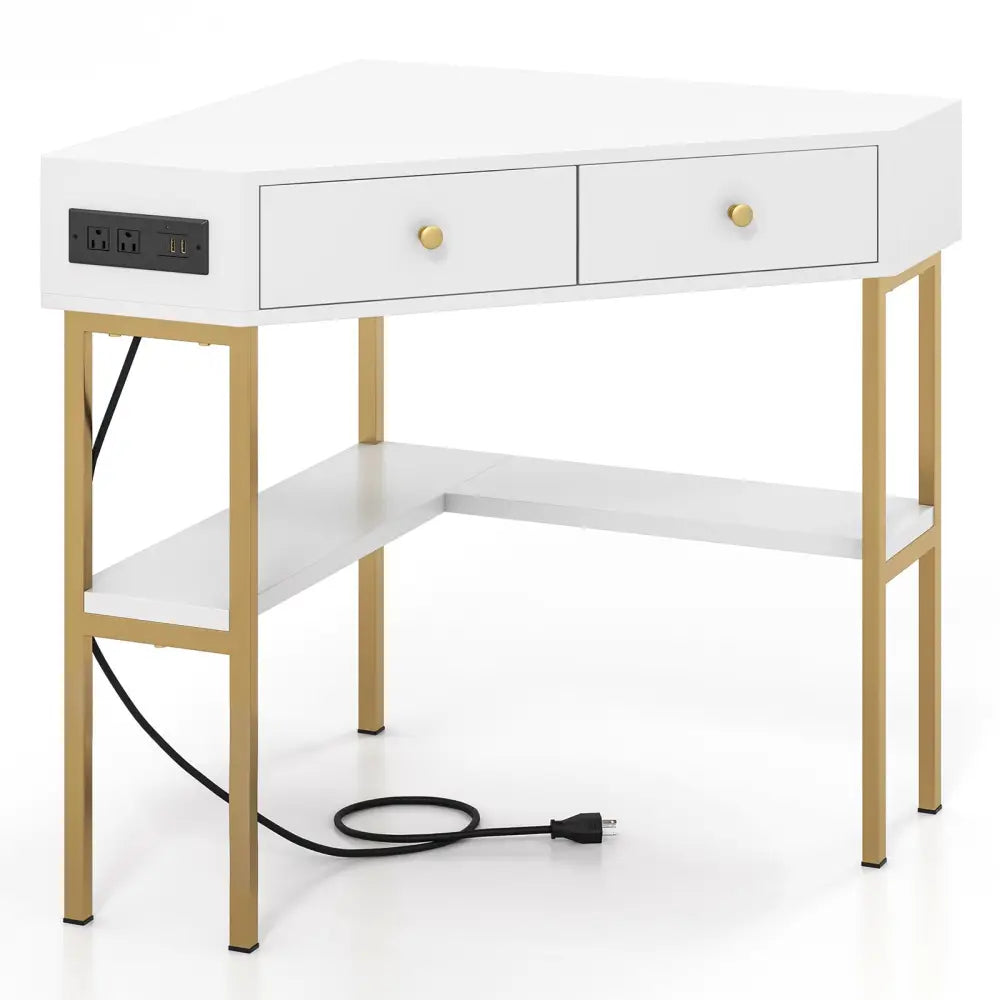 Triangle Corner Desk with Charging Station with 2 Drawers and Storage Shelf-White - White - Corner Desks