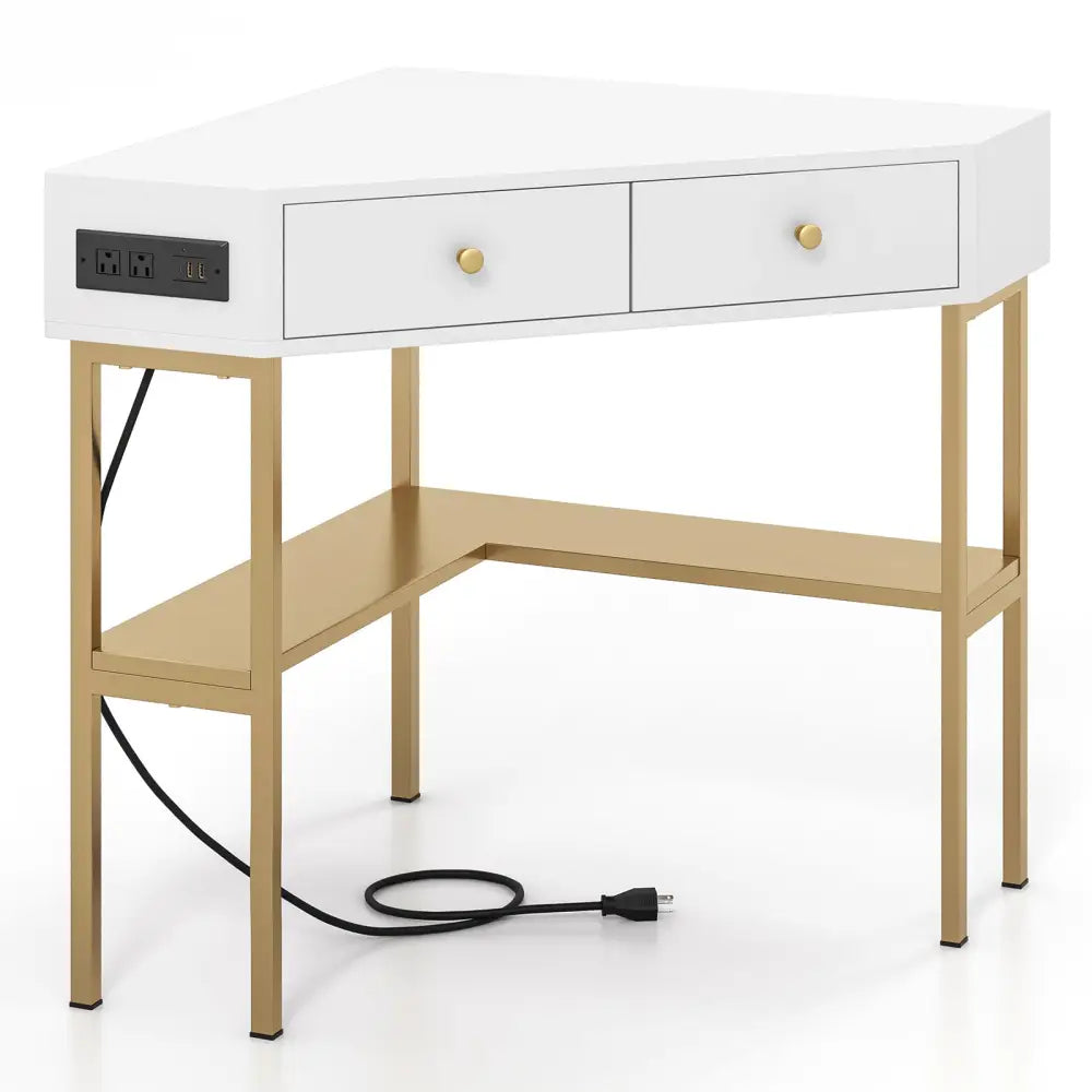 Triangle Corner Desk with Charging Station with 2 Drawers and Storage Shelf-Golden - Golden - Corner Desks