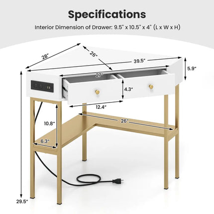Triangle Corner Desk with Charging Station with 2 Drawers and Storage Shelf-Golden - Golden - Corner Desks