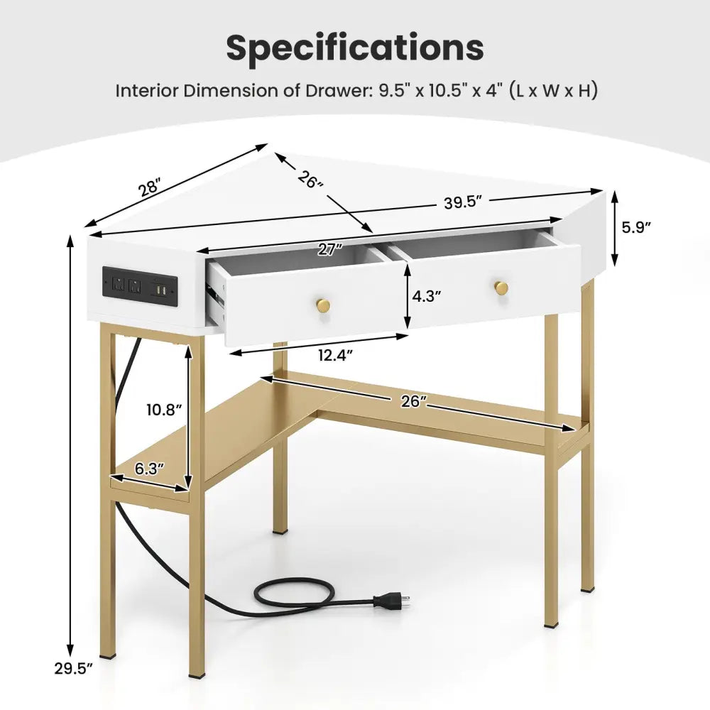 Triangle Corner Desk with Charging Station with 2 Drawers and Storage Shelf-Golden - Golden - Corner Desks