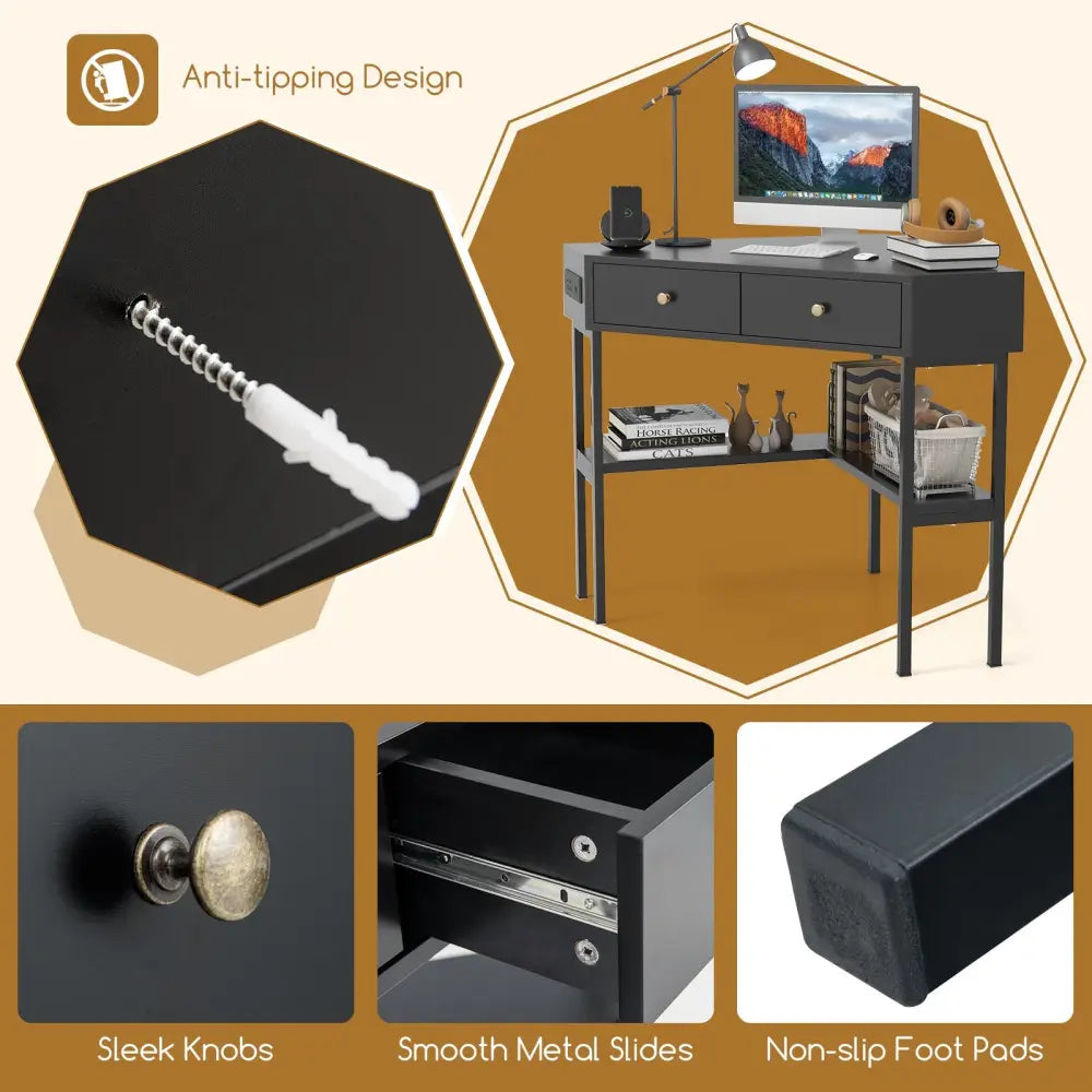 Triangle Corner Desk with Charging Station with 2 Drawers and Storage Shelf-Black - Black - Corner Desks