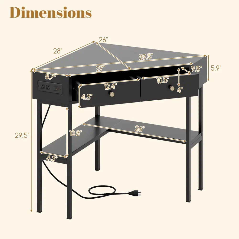 Triangle Corner Desk with Charging Station with 2 Drawers and Storage Shelf-Black - Black - Corner Desks