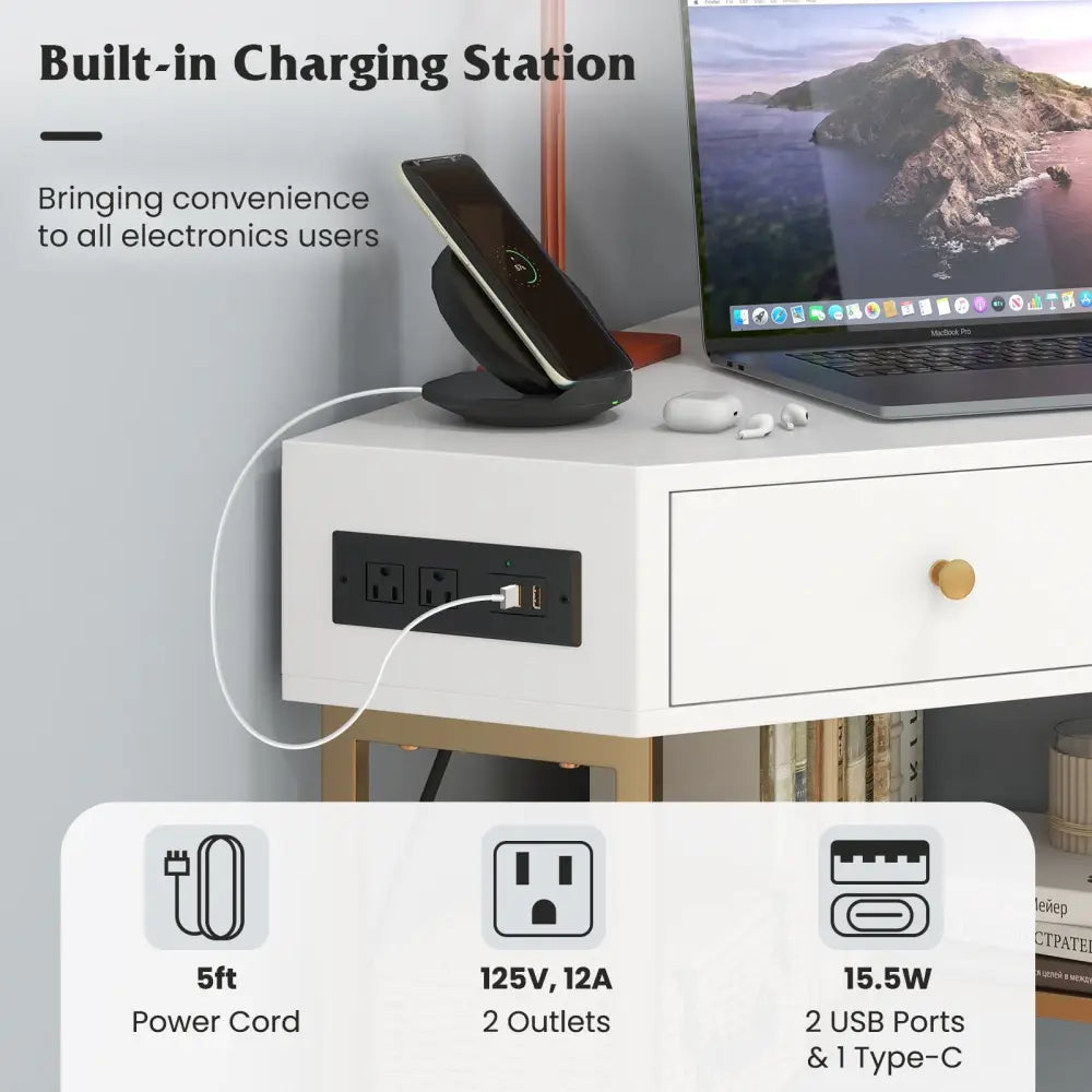 Triangle Corner Desk with Charging Station with 2 Drawers and Storage Shelf-Golden - Golden - Corner Desks