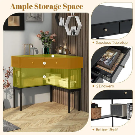 Triangle Corner Desk with Charging Station with 2 Drawers and Storage Shelf-Black - Black - Corner Desks