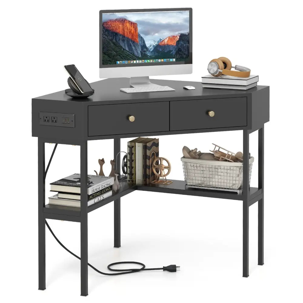 Triangle Corner Desk with Charging Station with 2 Drawers and Storage Shelf-Black - Black - Corner Desks