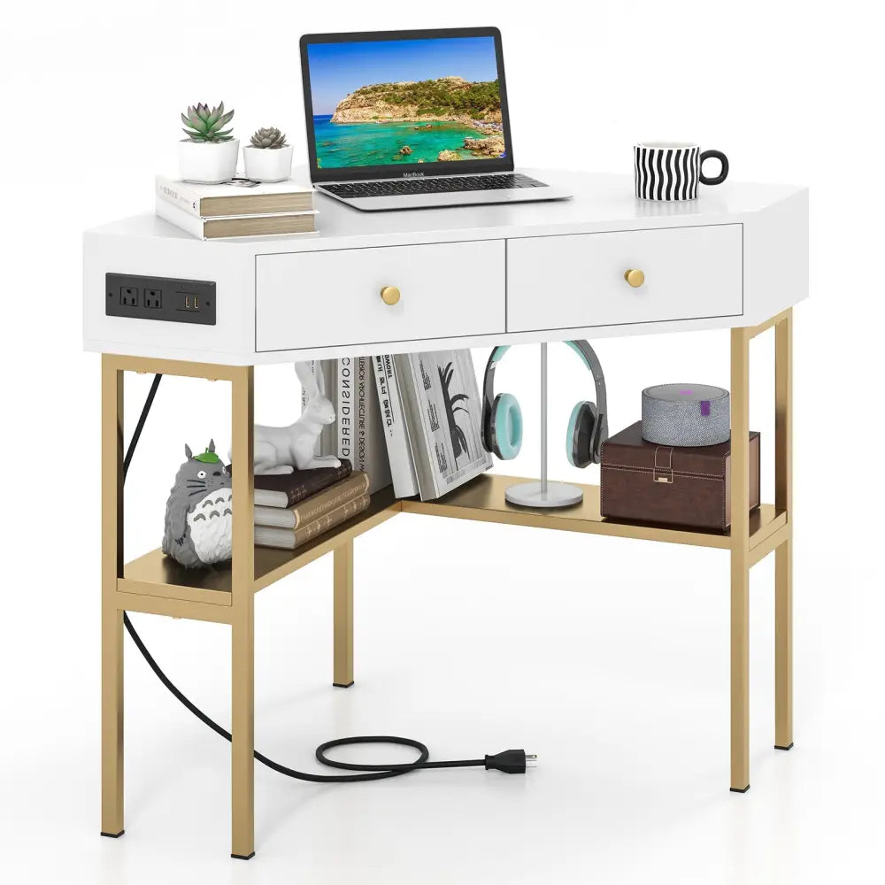 Triangle Corner Desk with Charging Station with 2 Drawers and Storage Shelf-Golden - Golden - Corner Desks