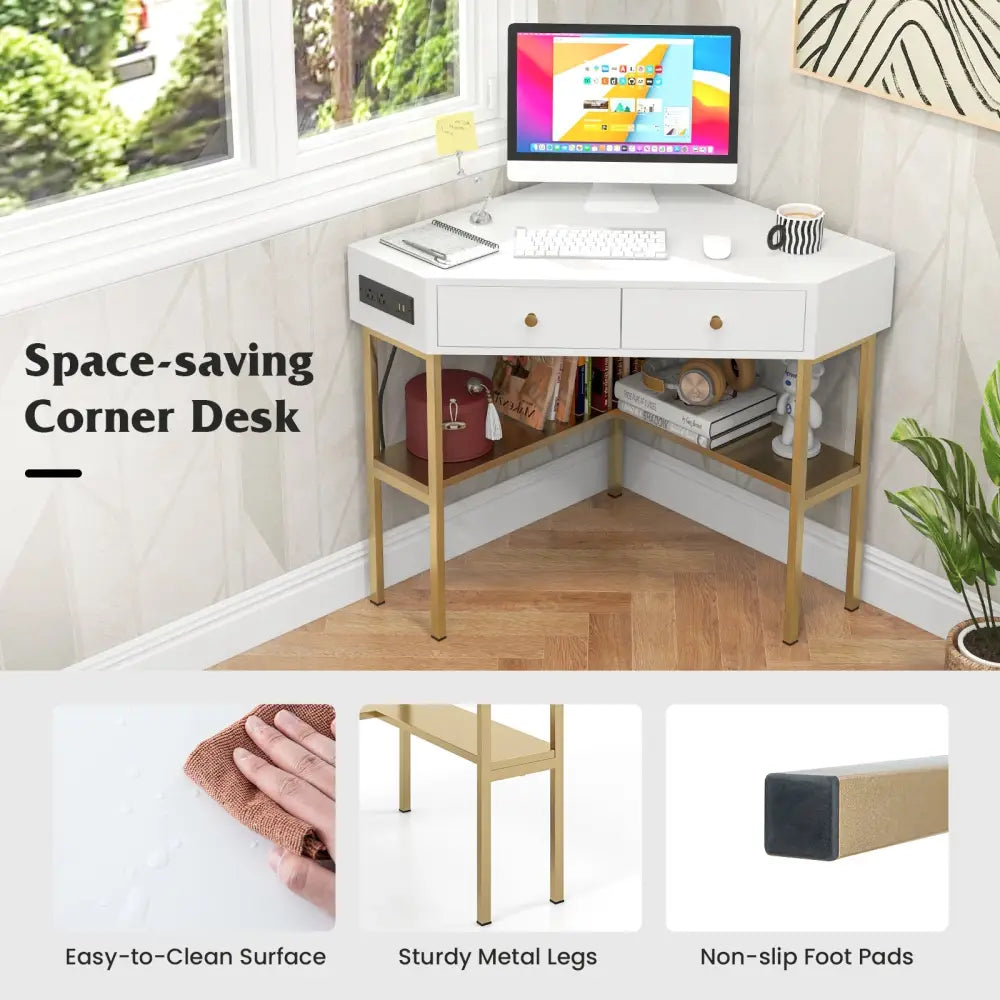 Triangle Corner Desk with Charging Station with 2 Drawers and Storage Shelf-Golden - Golden - Corner Desks