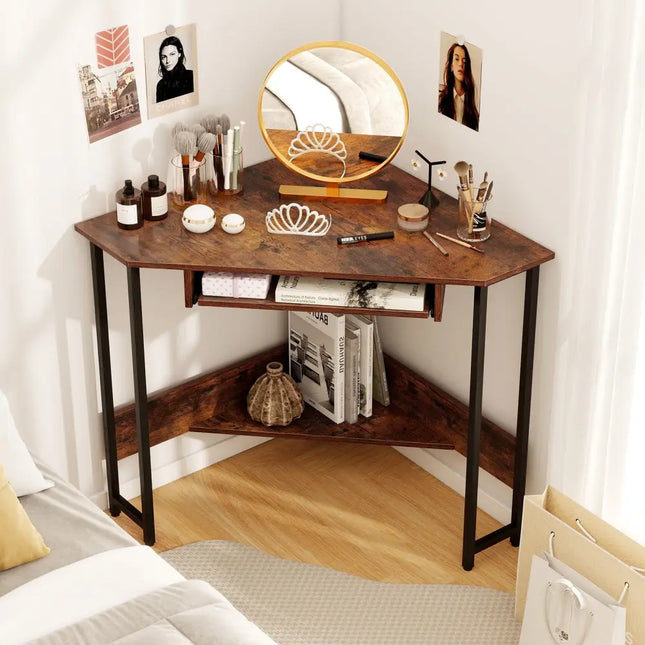 Triangle Corner Desk with Charging Station Keyboard Tray and Storage Shelf-Rustic Brown - Rustic Brown - Corner Desks