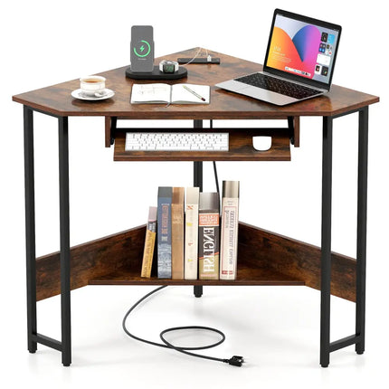 Triangle Corner Desk with Charging Station Keyboard Tray and Storage Shelf-Rustic Brown - Rustic Brown - Corner Desks