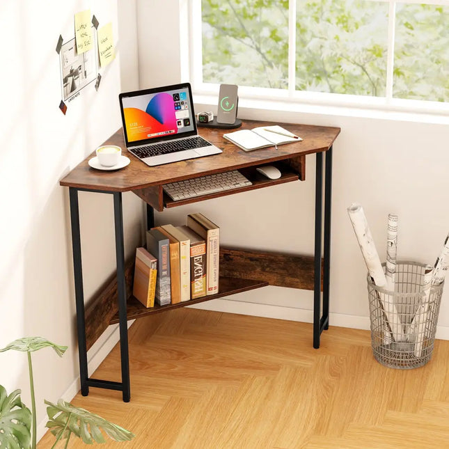 Triangle Corner Desk with Charging Station Keyboard Tray and Storage Shelf-Rustic Brown - Rustic Brown - Corner Desks