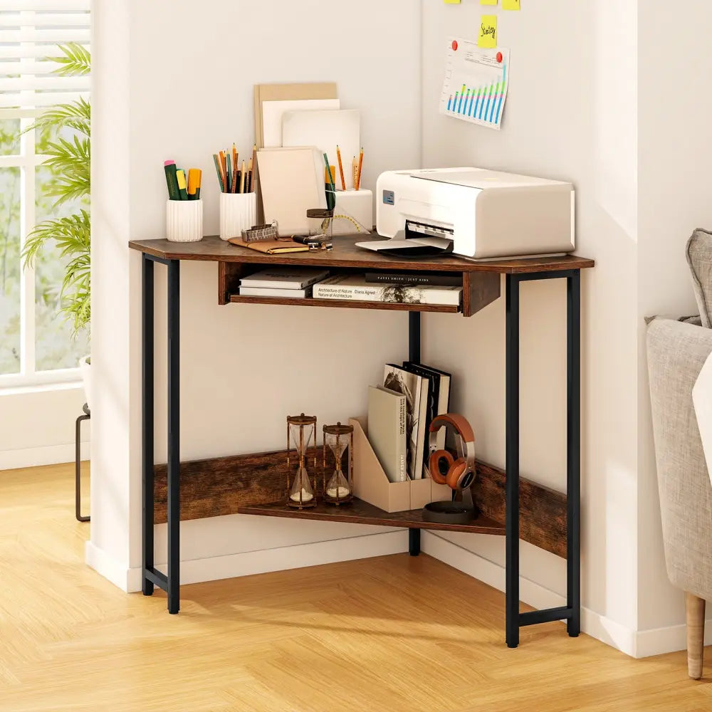 Triangle Corner Desk with Charging Station Keyboard Tray and Storage Shelf-Rustic Brown - Rustic Brown - Corner Desks