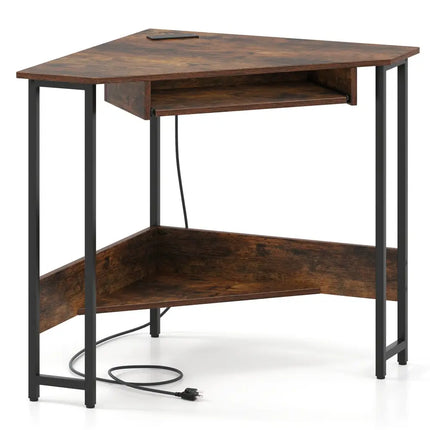 Triangle Corner Desk with Charging Station Keyboard Tray and Storage Shelf-Rustic Brown - Rustic Brown - Corner Desks