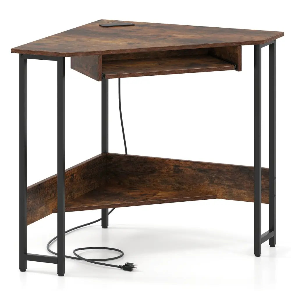 Triangle Corner Desk with Charging Station Keyboard Tray and Storage Shelf-Rustic Brown - Rustic Brown - Corner Desks