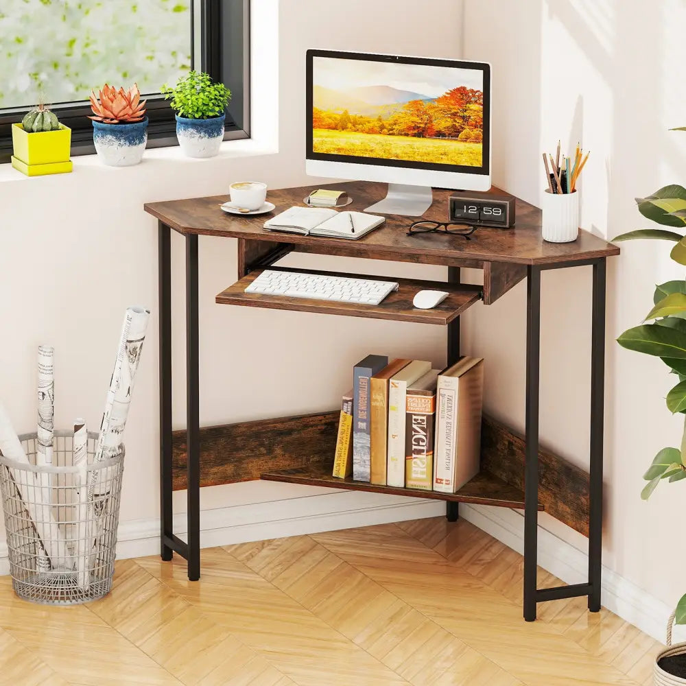 Triangle Corner Desk with Charging Station Keyboard Tray and Storage Shelf-Rustic Brown - Rustic Brown - Corner Desks