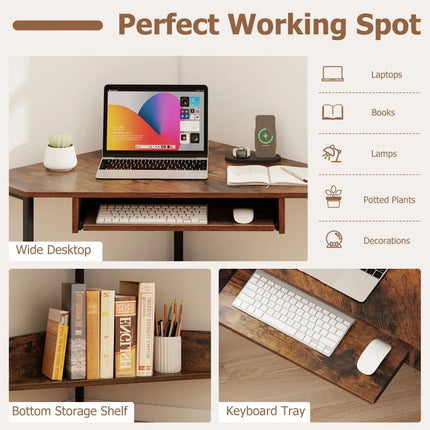 Triangle Corner Desk with Charging Station Keyboard Tray and Storage Shelf-Rustic Brown - Rustic Brown - Corner Desks